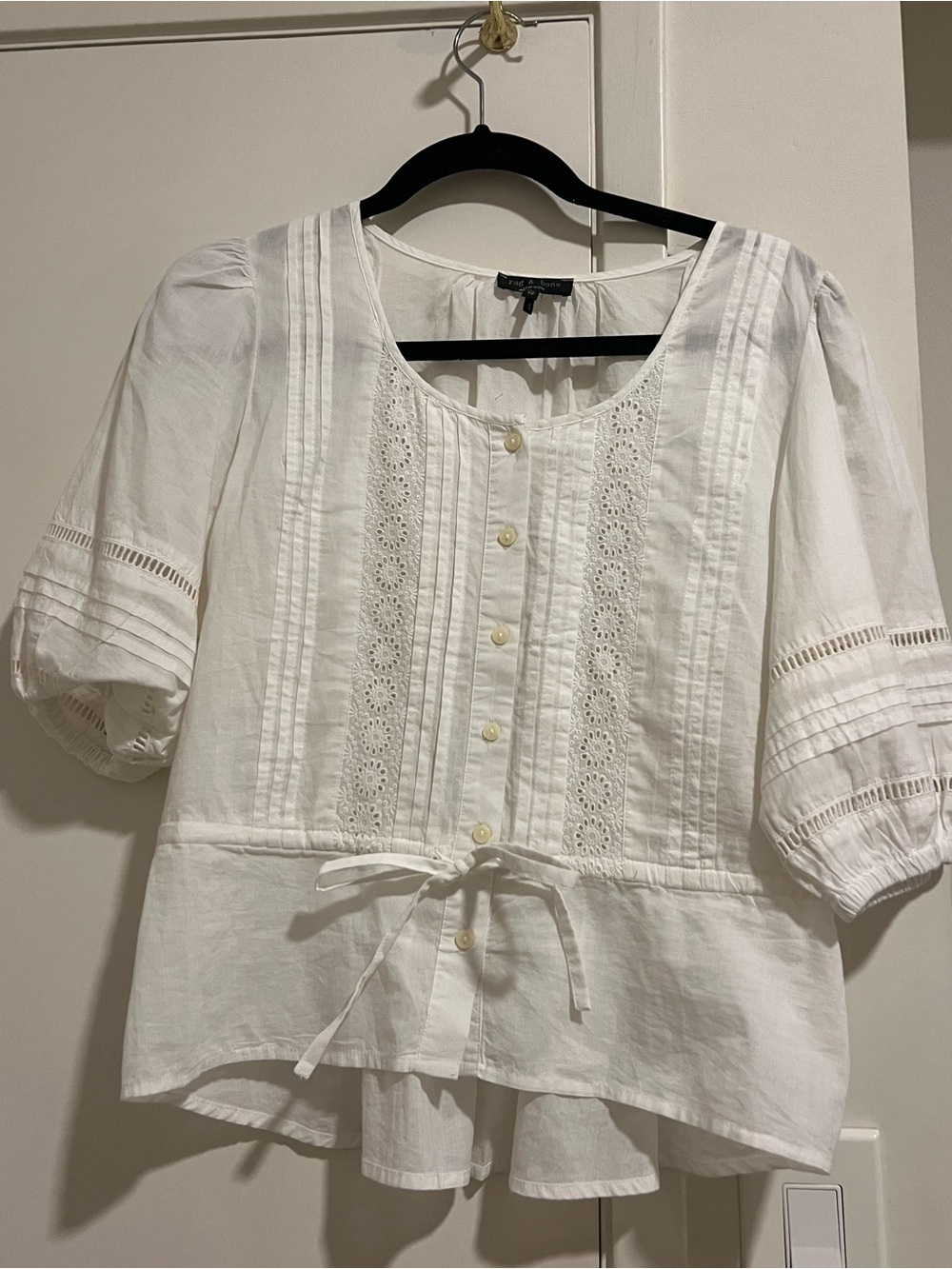 rag & bone White Eyelet Pintuck Button-Front Blouse